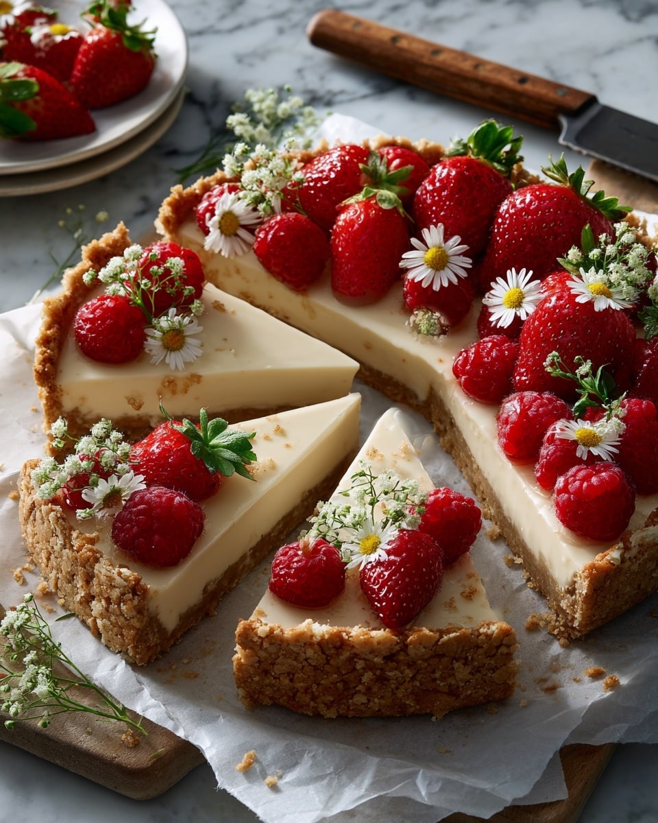 A round dessert with two layers, a thick crumbly brown crust on the outside and a smooth creamy pale beige filling inside, is sliced into six triangular pieces with three pieces slightly pulled out. The top is decorated with red strawberries, some whole and some sliced, and bright red raspberries scattered on the left side. Small white daisy flowers with yellow centers are placed among the berries and around the crust edge. The dessert rests on white parchment paper over a rustic wooden surface with a worn wooden-handled knife placed to the right. Some crumbs and a few white flowers are spread around lightly. photo taken with an iphone --ar 4:5 --v 7