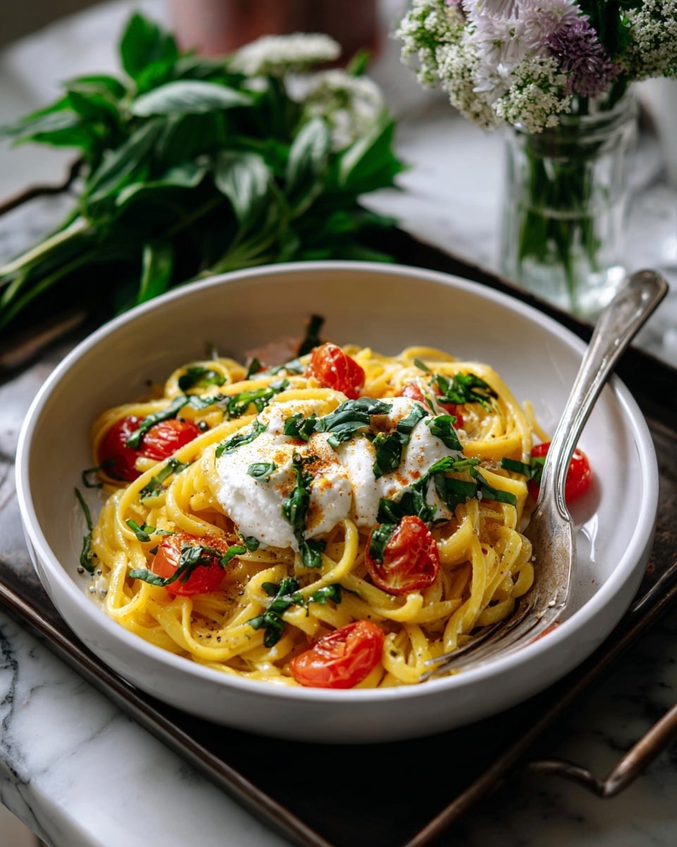 A white bowl filled with thick spaghetti noodles mixed with bright red cherry tomatoes, some slightly cooked with a shiny texture, scattered across the dish. There are a few leaves of fresh green basil placed on top and around, adding contrast. A light layer of melted white cheese sits near the center, partly covered by the noodles. A silver fork rests on the right side of the bowl with some pasta wrapped around its tines. The bowl is placed on a dark tray over a wooden surface with soft natural light casting warm shadows. A glass bottle and skillet with more pasta appear in the blurred background. Photo taken with an iphone --ar 4:5 --v 7
