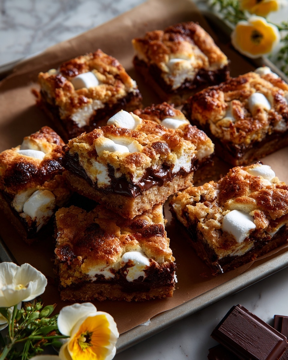 The image shows several square s'mores bars arranged closely on a baking tray lined with brown parchment paper, sitting on a white marbled surface. Each bar has a cracked golden-brown top layer with a soft texture. The middle layer is filled with melted white marshmallows and gooey dark chocolate that oozes out slightly at the edges. One bar is held upright by a woman's hand on the left, revealing the layers clearly. Pieces of milk chocolate and two flowers, one yellow and one white, sit near the bottom edges of the tray. Warm sunlight casts soft shadows across the scene, highlighting the texture of the bars. photo taken with an iphone --ar 4:5 --v 7