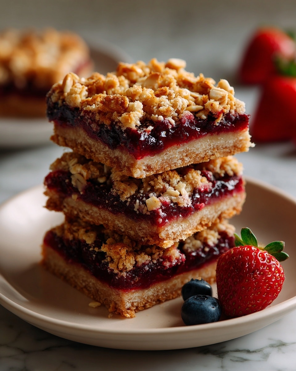 A stack of three thick fruit bars sit on a white plate on a white marbled surface. Each bar has three layers: a crumbly light brown bottom layer, a thick dark purple berry jam middle layer with whole berries visible, and a crunchy golden oat topping with small almond slices scattered on top. Fresh strawberries and blueberries are placed around the plate edge. The stack is photographed close-up with a soft, grey background. photo taken with an iphone --ar 4:5 --v 7