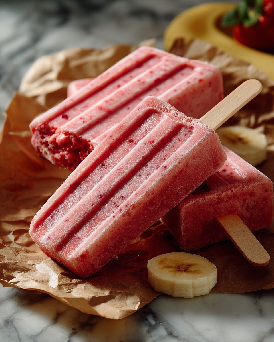 The image shows three stages of making bright pink strawberry popsicles. The top layer is a clear blender bowl filled with a smooth pink mixture with tiny red bits and a silver blade in the center. The middle layer shows five filled white popsicle molds with the same pink mixture inside, set upright in a bright green mold holder on a wooden surface. The bottom layer displays three finished popsicles with textured ridges and wooden sticks, lying on a white marbled surface with a small banana slice and a strawberry partially visible nearby. Photo taken with an iphone --ar 4:5 --v 7