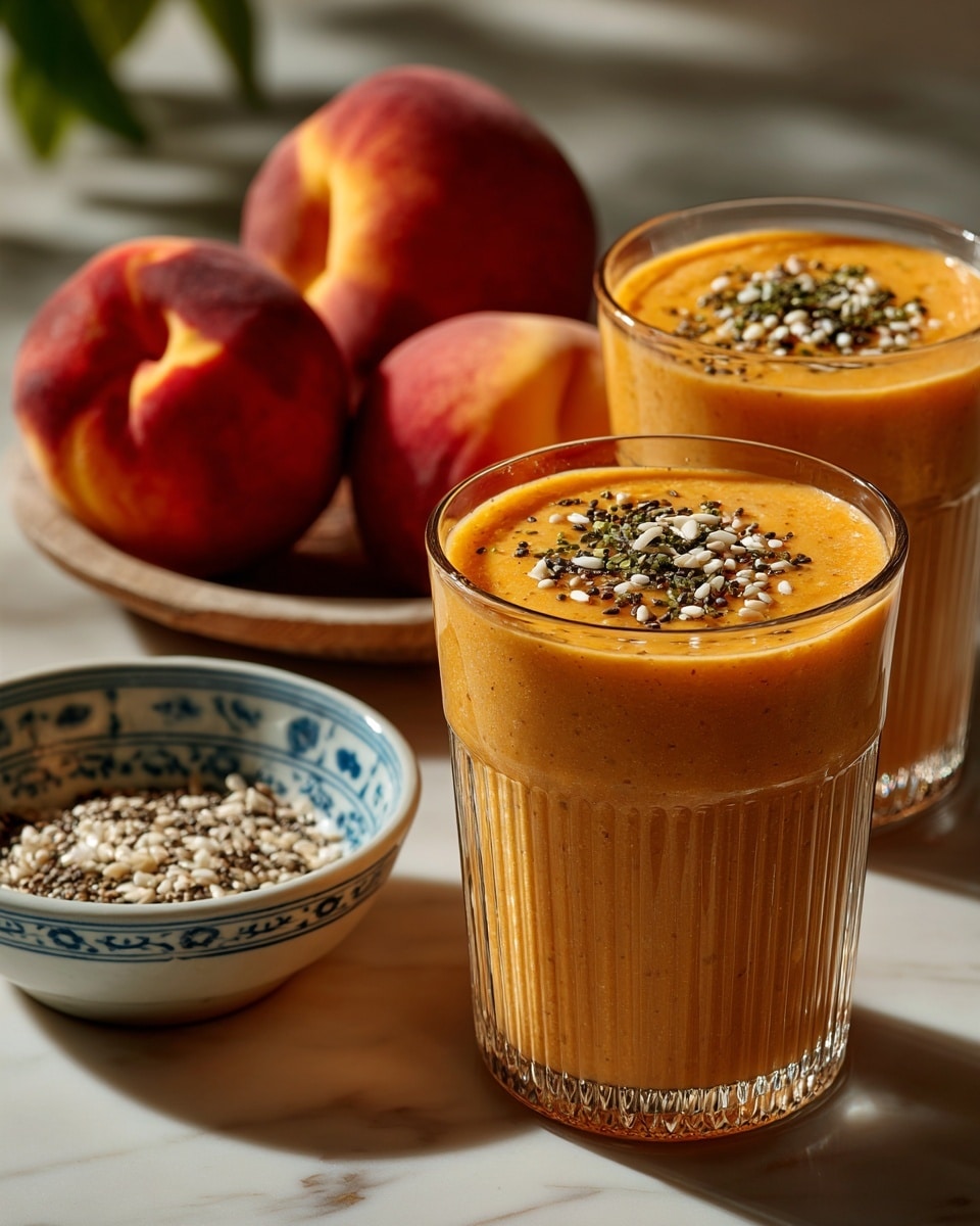 Three clear textured glasses filled with a smooth yellow-orange smoothie, each topped with small white and black seed-like sprinkles. The glasses are placed on a white marbled surface, surrounded by two red and yellow peaches on the left and a small white bowl filled with more of the seed-like topping at the upper right. A woman's hand is seen holding the glass on the right, and another woman's hand holds the glass at the bottom. A blue cloth is partially visible near the bottom right corner. photo taken with an iphone --ar 4:5 --v 7