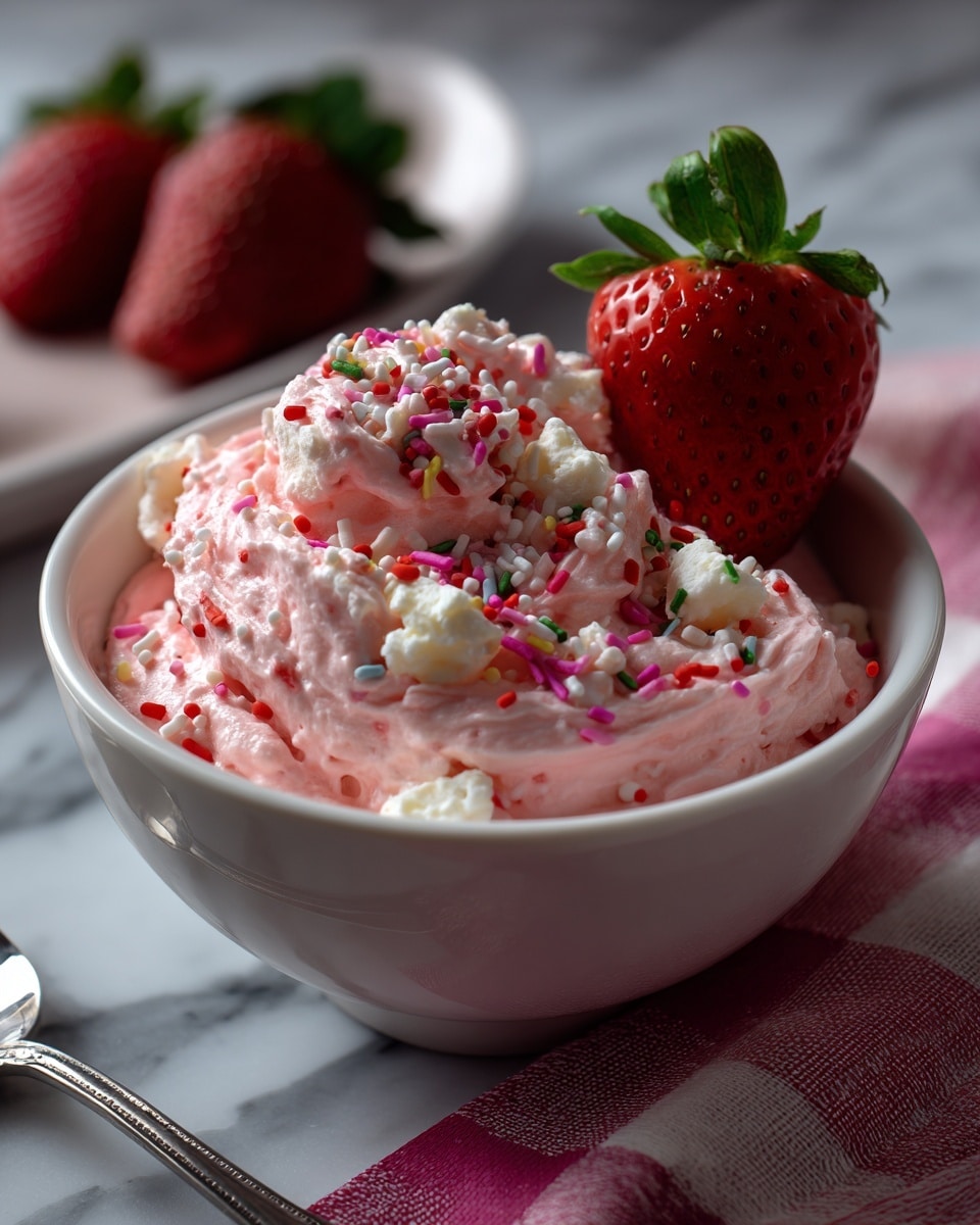 A white bowl filled with several scoops of light pink creamy dessert mixed with small white chunks, topped with bright pink, white, and red sprinkles scattered across the surface. There is a large fresh strawberry with a green leafy top placed on the edge of the bowl. The bowl is nested inside a larger white bowl, both set on a white marbled surface with a pink and white cloth partially visible in the background. Photo taken with an iphone --ar 4:5 --v 7