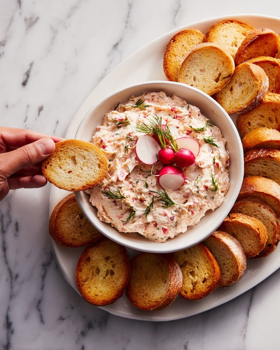 A white round bowl is filled with a creamy pink mixture sprinkled with black pepper and small bits of red, topped with two small red radishes with green stems in the center. One golden brown toasted bread slice is dipped into the mixture, standing upright inside the bowl. Surrounding the bowl is a circle of multiple toasted bread slices with a golden crust and some seasoning, all placed on a white marbled surface. Photo taken with an iphone --ar 4:5 --v 7