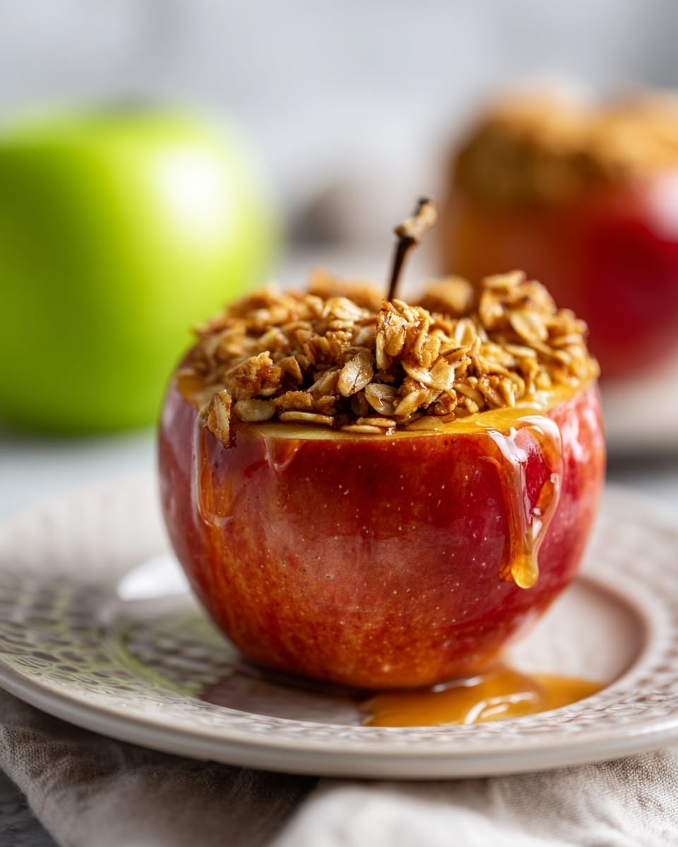 A close-up of a halved apple with a red and yellow skin, filled in the center with a golden brown crunchy oat and nut mixture that looks sticky and caramelized, sitting upright on a white plate with textured edges. In the background to the right, there is a blurred whole green apple and other apple halves. The plate is placed on a light striped cloth on a white marbled surface. Photo taken with an iphone --ar 4:5 --v 7