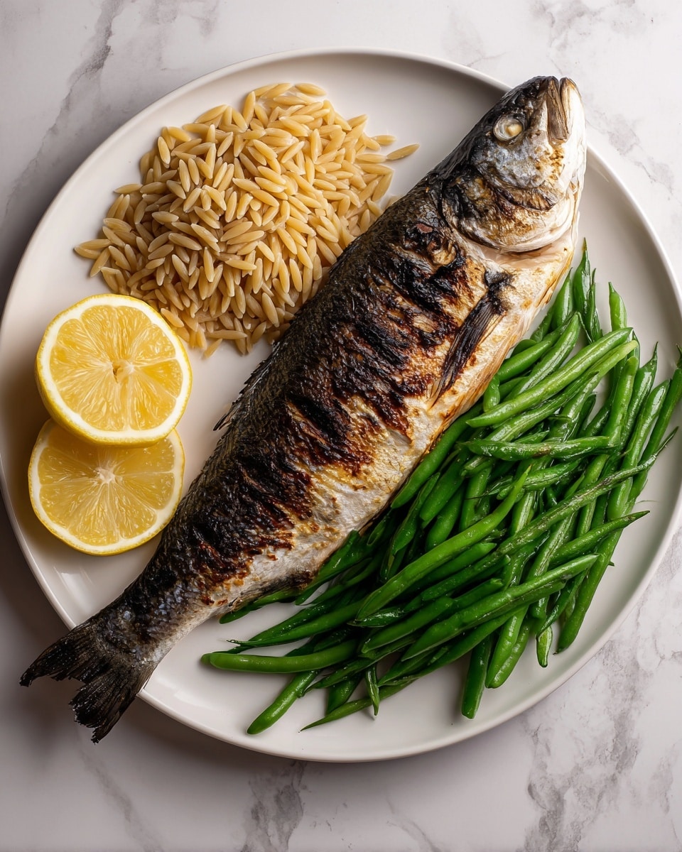 A white plate shows a whole grilled fish with dark grill lines across its brown, crispy skin, placed in the center. On the left side, there is a small mound of toasted golden-brown orzo pasta. On the right side, a bright green pile of fresh green beans lies next to the fish. Three lemon wedges, two at the top and one at the bottom of the plate, add a pop of yellow color. The plate sits on a white marbled surface. photo taken with an iphone --ar 4:5 --v 7