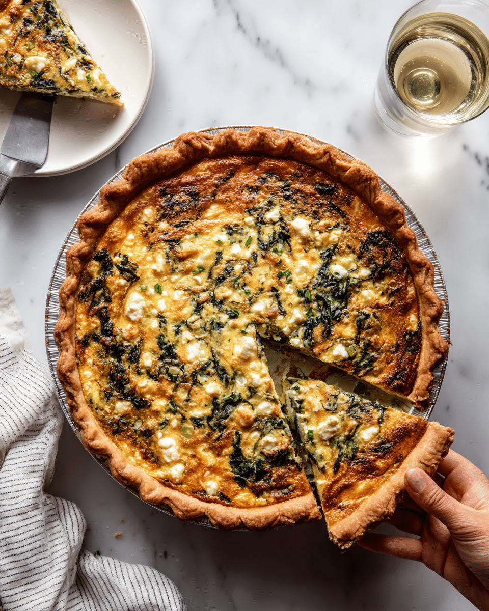 A white pie crust with wavy edges forms the base layer, filled with a mixture of yellow egg custard and dark green spinach leaves spread evenly across the top. Small white chunks, likely cheese, are scattered throughout the spinach layer, adding texture. One slice is cut and placed on a stack of two white plates on the top left, showing the creamy filling inside. The whole pie is on a round silver baking tin resting on a white marbled surface, with a metal pie server to the right. There is a glass of clear liquid and a glass of light-colored drink near the pie, and a white-striped cloth is partially visible on the left side. Photo taken with an iphone --ar 4:5 --v 7