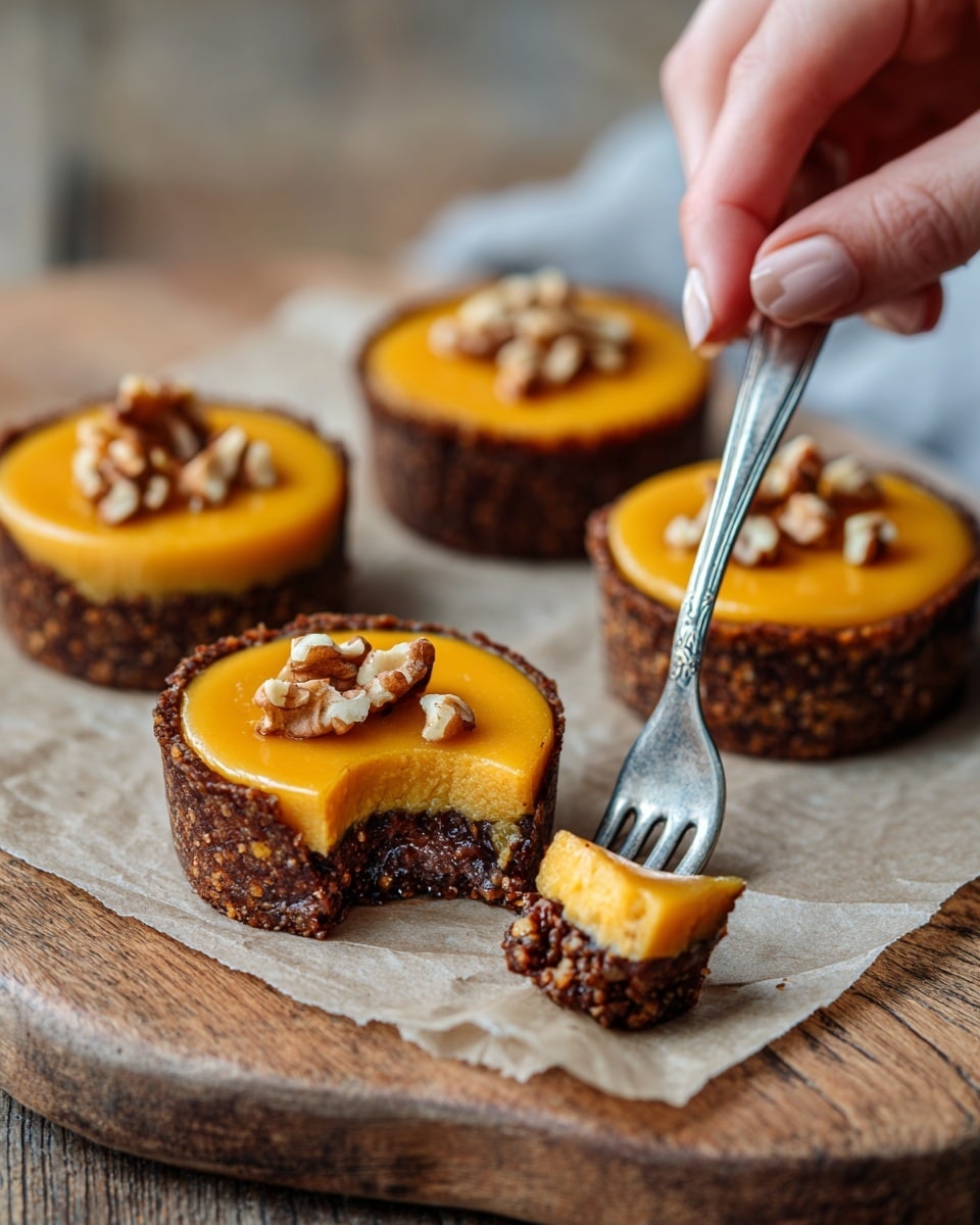 The image shows a close-up of two small layered mini cheesecakes stacked on top of each other on a white plate with orange and white polka dots. Each mini cheesecake has three visible layers: the bottom layer is dark brown and crumbly, the middle layer is thick and pale orange with a smooth texture, and the top layer is a shiny orange glaze with small chunks of nuts sprinkled on top. The plate is resting on a wooden surface, and part of a blue-handled utensil is visible near the edge. Photo taken with an iphone --ar 4:5 --v 7