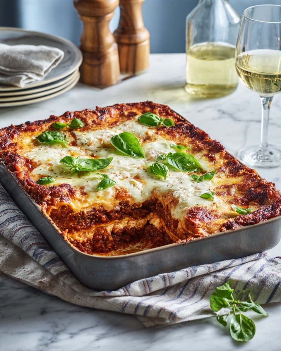 A grey baking dish sits on a folded striped cloth on a white marbled surface. Inside the dish is a layered baked meal with a base layer of a chunky red sauce mixed with some cooked pieces, topped with a thick layer of melted white cheese that is slightly browned in spots. Fresh green basil leaves are scattered on top of the cheese. Around the dish, there are two forks on the left, two glasses of light white wine - one close and one further back, a wooden pepper grinder, and a bottle of white wine in the background. A woman’s hand holding a phone is partially visible on the right side. Photo taken with an iphone --ar 4:5 --v 7
