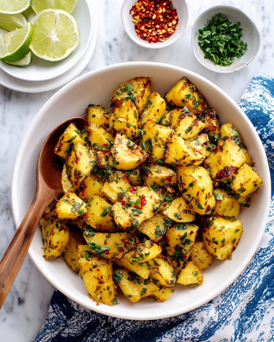 The dish shows a white bowl filled with about two layers of golden-brown roasted potato chunks, toasted on the edges and sprinkled with green chopped herbs and red chili flakes. A wooden spoon is resting on the side inside the bowl. Behind the bowl, there are two small white bowls with green herbs in one and red chili flakes in the other. On the left bottom corner, lime wedges are seen on a white plate. All are placed on a white marbled surface with a blue and white patterned cloth partially underneath the main bowl photo taken with an iphone --ar 4:5 --v 7