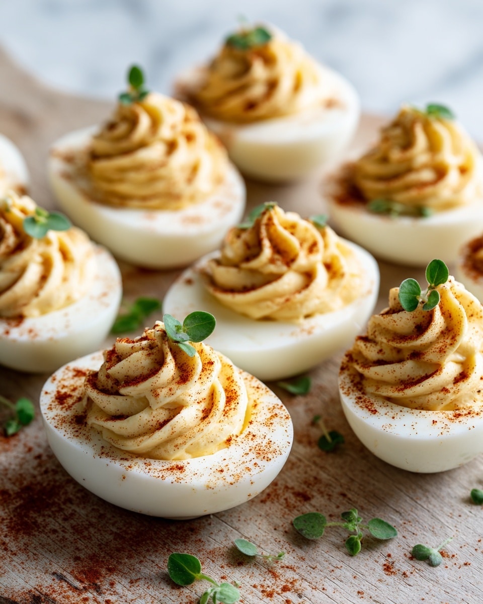 The image shows several deviled eggs arranged on a wooden surface. Each egg is halved with a smooth, shiny white outer layer, inside filled with a creamy, pale yellow whipped filling that is swirled in a decorative pattern on top. The filling is sprinkled lightly with reddish-brown paprika and small green herb leaves are scattered around and on top of the eggs, adding a fresh touch. The eggs are spaced irregularly, giving a natural, homemade feel. photo taken with an iphone --ar 4:5 --v 7