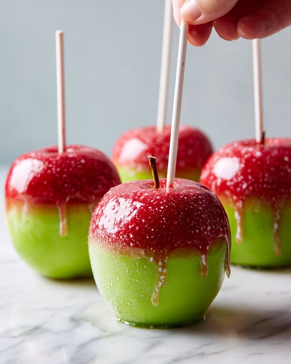 A shiny green apple is held by a woman's hand on a white marbled surface. A white stick is pushed into the center top of the apple, piercing its smooth light green skin. In the background, three more green apples rest on the white marbled surface, bright and fresh. The scene focuses on the apple being pierced, showing the small reflections of light on its shiny surface and the natural texture of the woman's hand. photo taken with an iphone --ar 4:5 --v 7