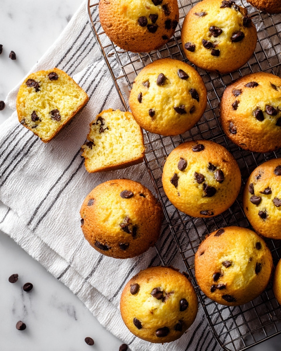 This image shows a metal cooling rack full of small, round chocolate chip muffins with a light golden color, evenly spaced on it. Each muffin is dotted with small dark brown chocolate chips that look slightly melted, giving a soft texture. One muffin on the top left corner is broken into two pieces, showing a fluffy, moist inside with the same light golden color. The rack is placed on a white marbled surface, and to the left side, a white cloth with thin black stripes is casually folded near the rack, adding a cozy touch. photo taken with an iphone --ar 4:5 --v 7