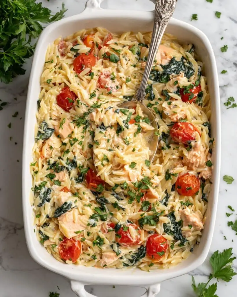 Creamy Salmon Orzo Pasta Bake (Dump-and-Bake) Recipe