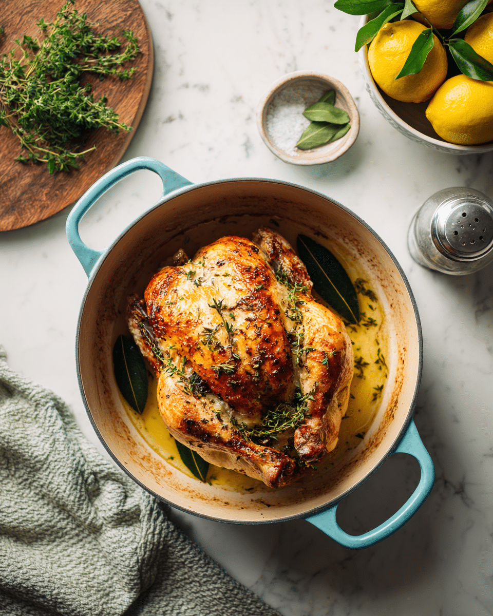A golden roasted whole chicken with crispy skin sits in a white heavy pot, its surface marked by browned seasoning and herbs. The chicken is surrounded by a shallow pool of golden, oily juices at the bottom of the pot, with a few whole green bay leaves adding contrast. The pot’s pale blue handles rest on a white marbled surface, next to a green textured cloth draped casually. In the background, fresh green herbs lie on a small round wooden board, a white bowl filled with bright yellow lemons and green leaves, a metal pepper grinder, and a small dish with coarse salt add more natural color touches. Photo taken with an iphone --ar 4:5 --v 7