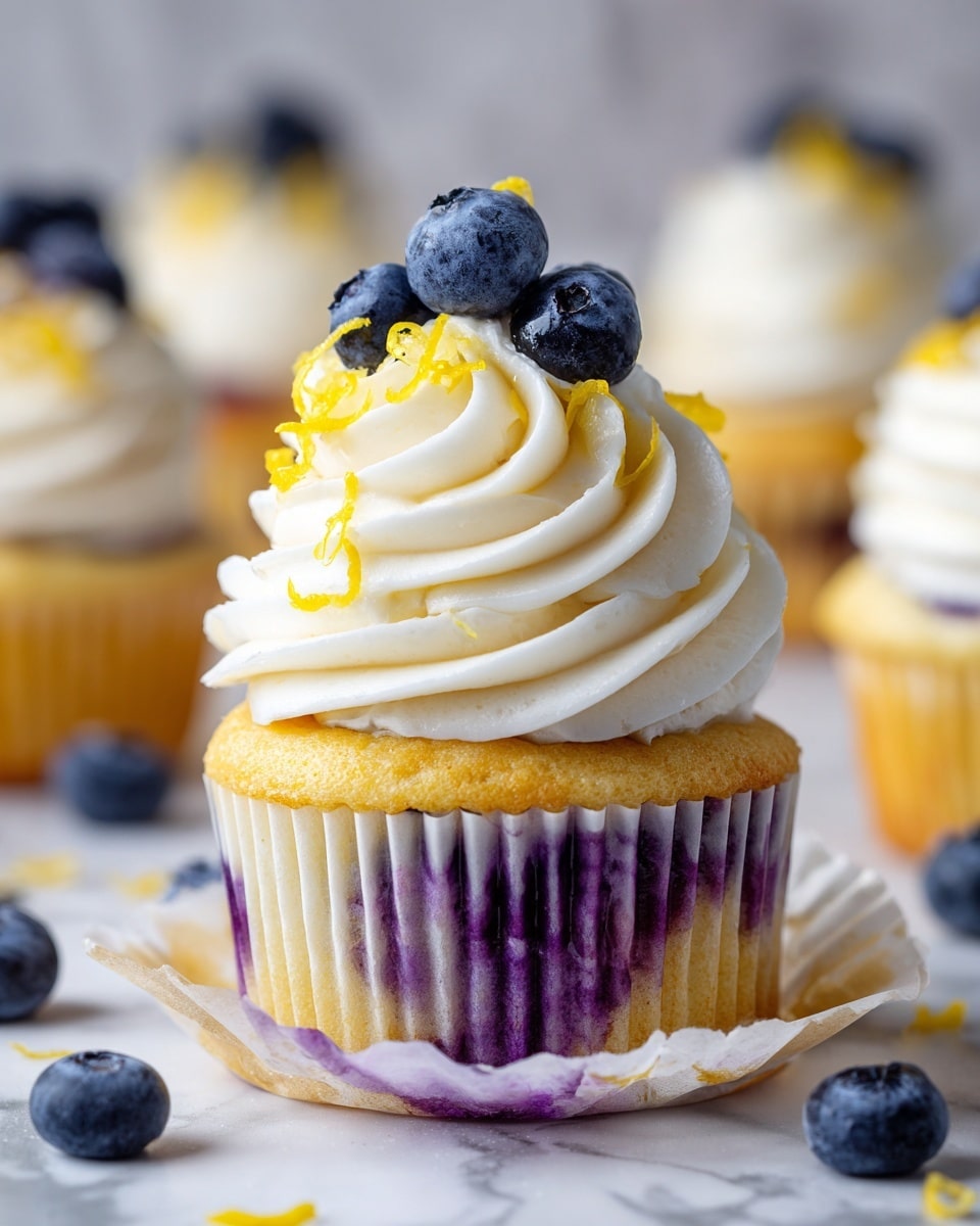 A close-up of a blueberry cupcake with three layers: the bottom layer is a light yellow cake with purple blueberry swirls on the left side, the middle layer is a thick white cream frosting piped in smooth swirls, topped with a cluster of fresh dark blue blueberries and thin yellow lemon zest strands, sitting on an opened white paper cupcake liner. In the blurred background, there are two more identical cupcakes topped with blueberries and lemon zest, with a yellow lemon visible. The surface beneath is a white marbled texture. photo taken with an iphone --ar 4:5 --v 7