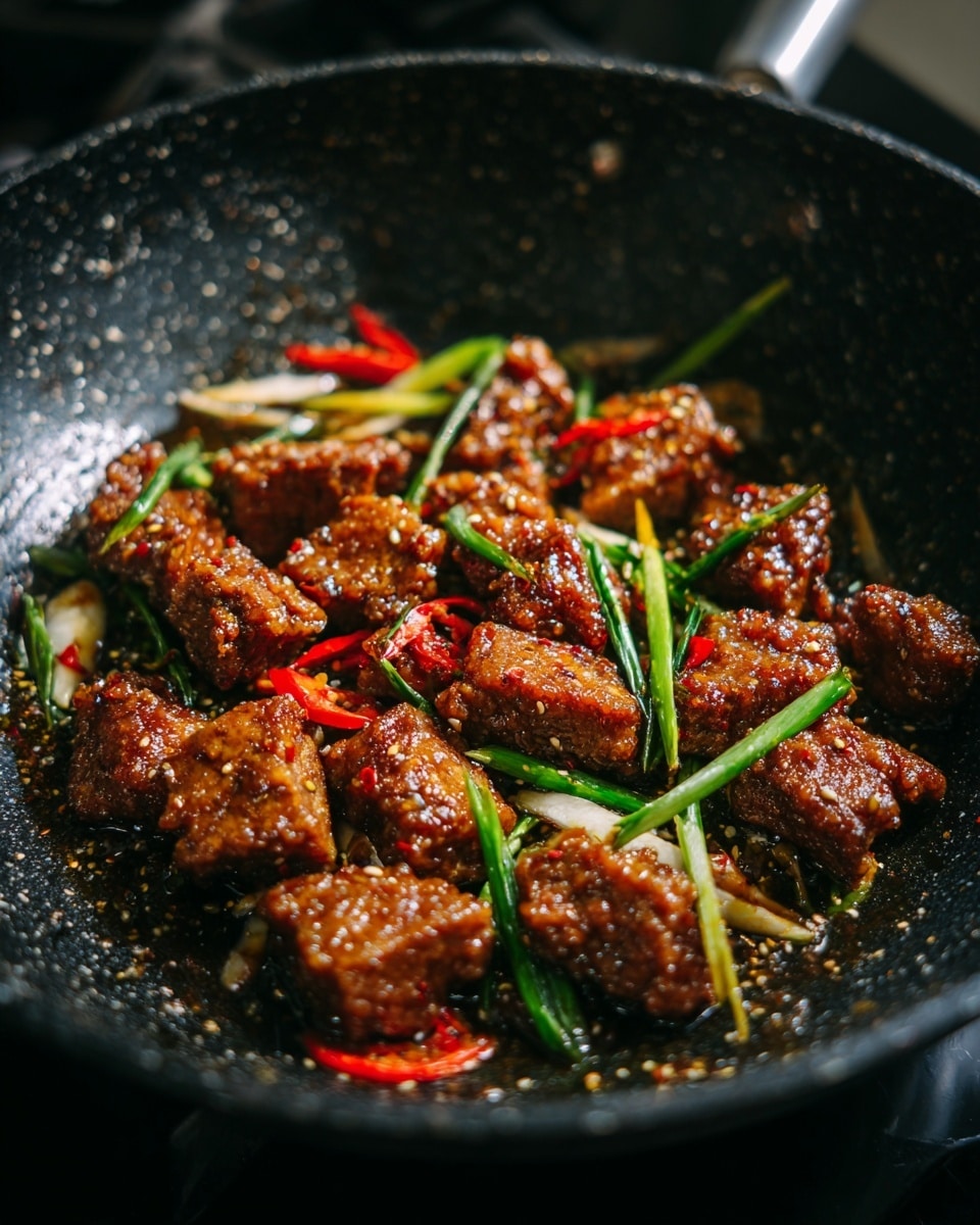 A close-up top view of a black speckled pan filled with fried golden brown crispy chicken pieces mixed with bright green onion stalks and red bell pepper strips, all coated in a shiny reddish sauce. The green onion pieces are cut into long thin sticks with some white parts visible, spread evenly among the chicken and peppers. The black pan gives contrast to the vivid colors of the dish, and the scene is set on a white marbled textured surface. photo taken with an iphone --ar 4:5 --v 7