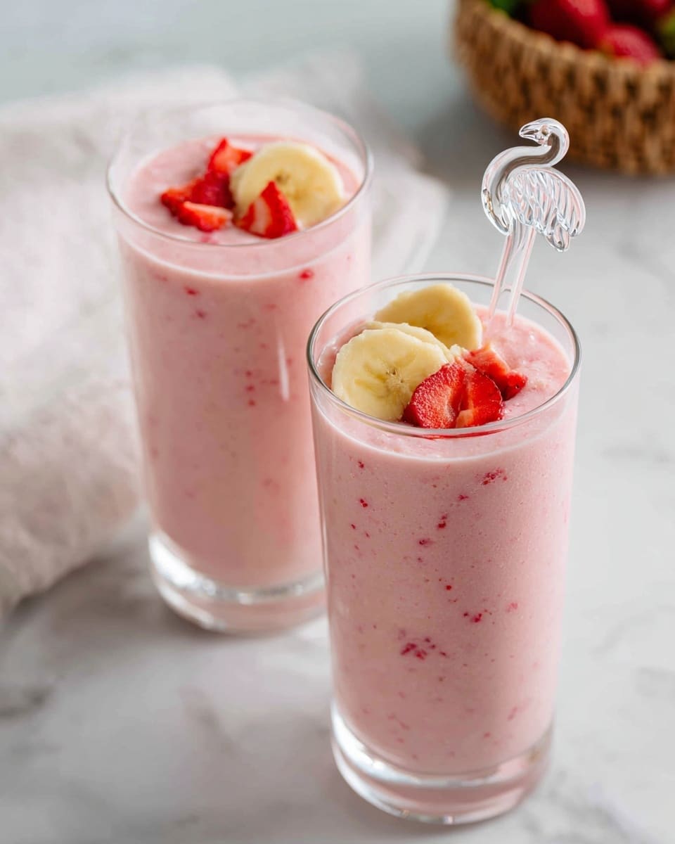 Two clear glasses filled with a creamy, light pink smoothie that has visible bits of red strawberry mixed in. Each glass has a few small strawberry pieces and two round slices of light yellow banana on top. One glass has a clear stirrer with a pink flamingo decoration on the side. The glasses sit on a white marbled surface with a blurred white cloth and wicker basket in the background. photo taken with an iphone --ar 4:5 --v 7