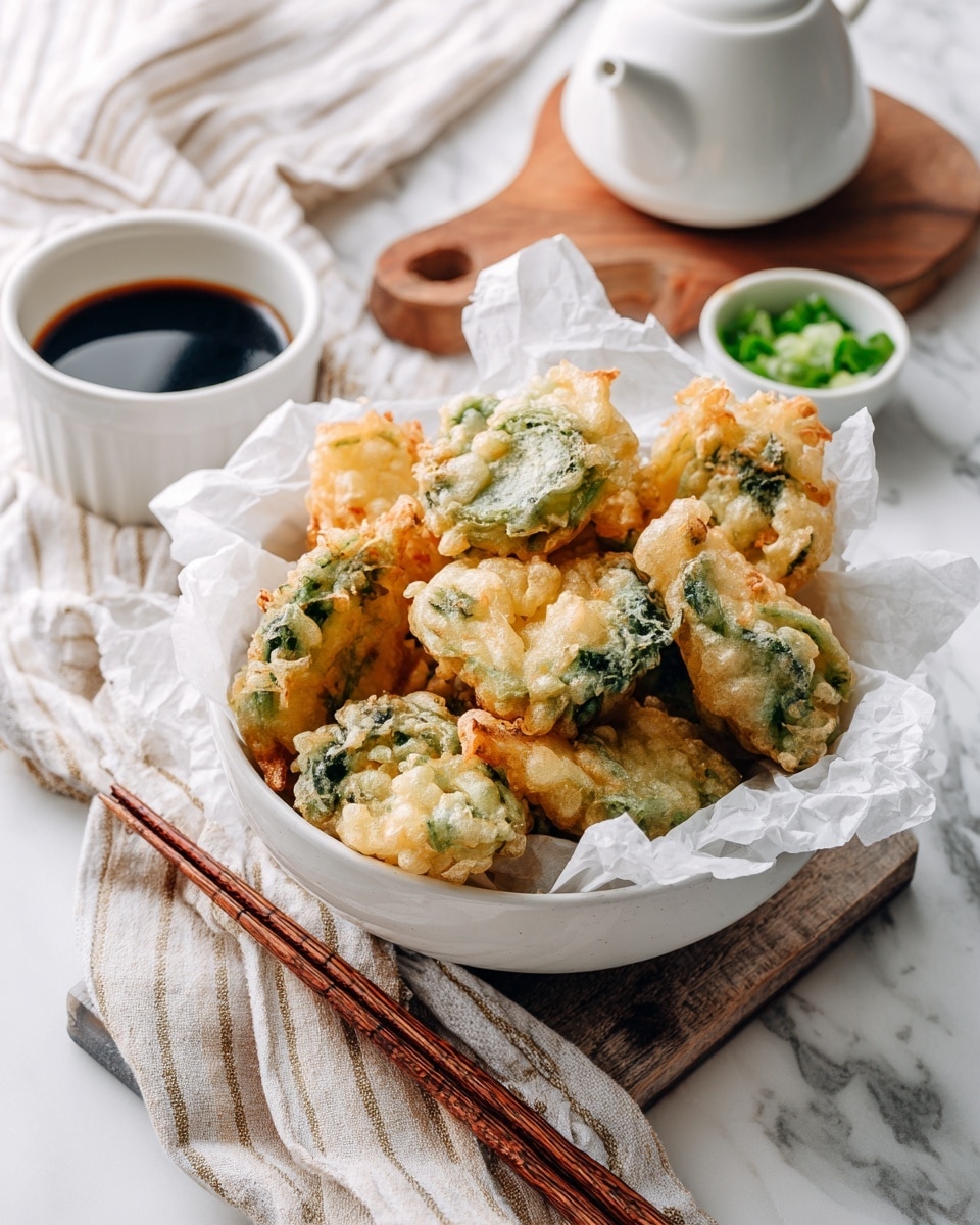 A white bowl lined with white parchment paper holds several pieces of light golden crispy fried vegetable tempura with a bubbly batter texture and some green herbs visible inside the batter. To the right side of the bowl is a small white cup filled with dark soy sauce or dipping sauce. Below the bowl, on the white marbled surface, a pair of wooden chopsticks with light brown grips rests at an angle. On the lower left corner, a small white bowl contains chopped green onions with bright green colors. In the upper left section, part of a white covered dish is visible on a wooden coaster, and a striped beige and white cloth is partially spread beside it. The scene is lit softly with natural light from above. photo taken with an iphone --ar 4:5 --v 7