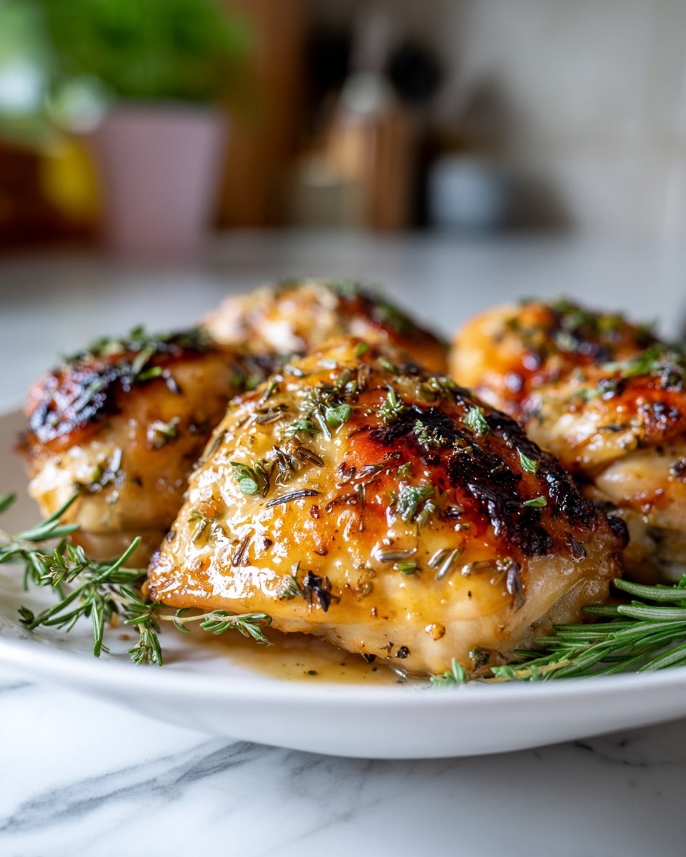 A white plate holds four pieces of cooked chicken with a golden-brown, slightly charred crust on top, each piece covered in a light yellow sauce that looks creamy and oily. The chicken is sprinkled with chopped green herbs and small red seasoning bits, with a small bunch of fresh green rosemary placed on top toward the back. The plate sits on a white marbled surface, and the background shows a blurred kitchen setting with warm light coming from a window. Photo taken with an iphone --ar 4:5 --v 7