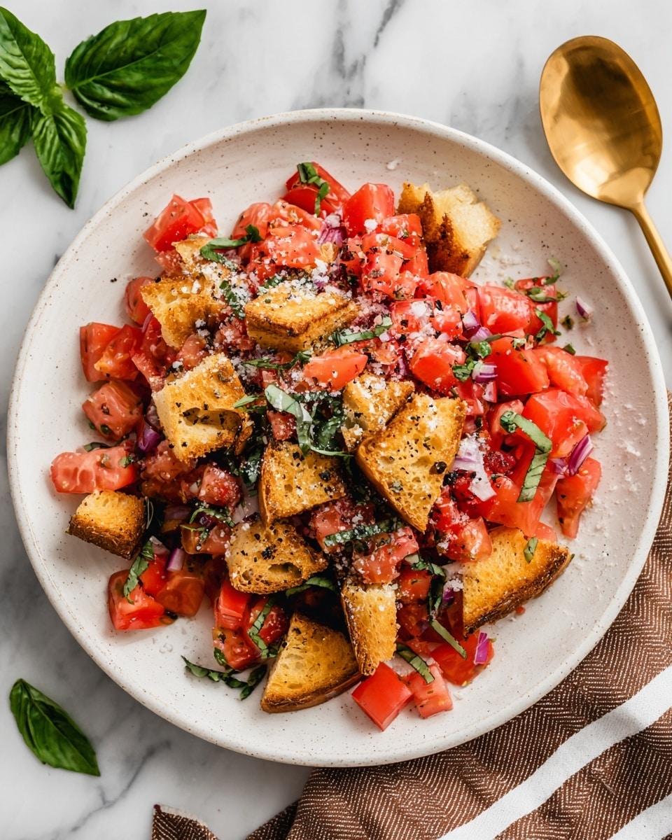 The dish shows a single white plate filled with a colorful mix of chopped red tomatoes and finely sliced green basil leaves as the first layer, topped with golden brown, crispy toasted bread cubes scattered evenly. Shredded white cheese is sprinkled lightly over the top, adding texture, while some black pepper is dusted on the tomatoes. There is a single fresh basil leaf near a gold spoon peeking into the dish on the right side. The background is a white marbled surface with a beige and white striped cloth partially visible at the bottom left. Photo taken with an iphone --ar 4:5 --v 7