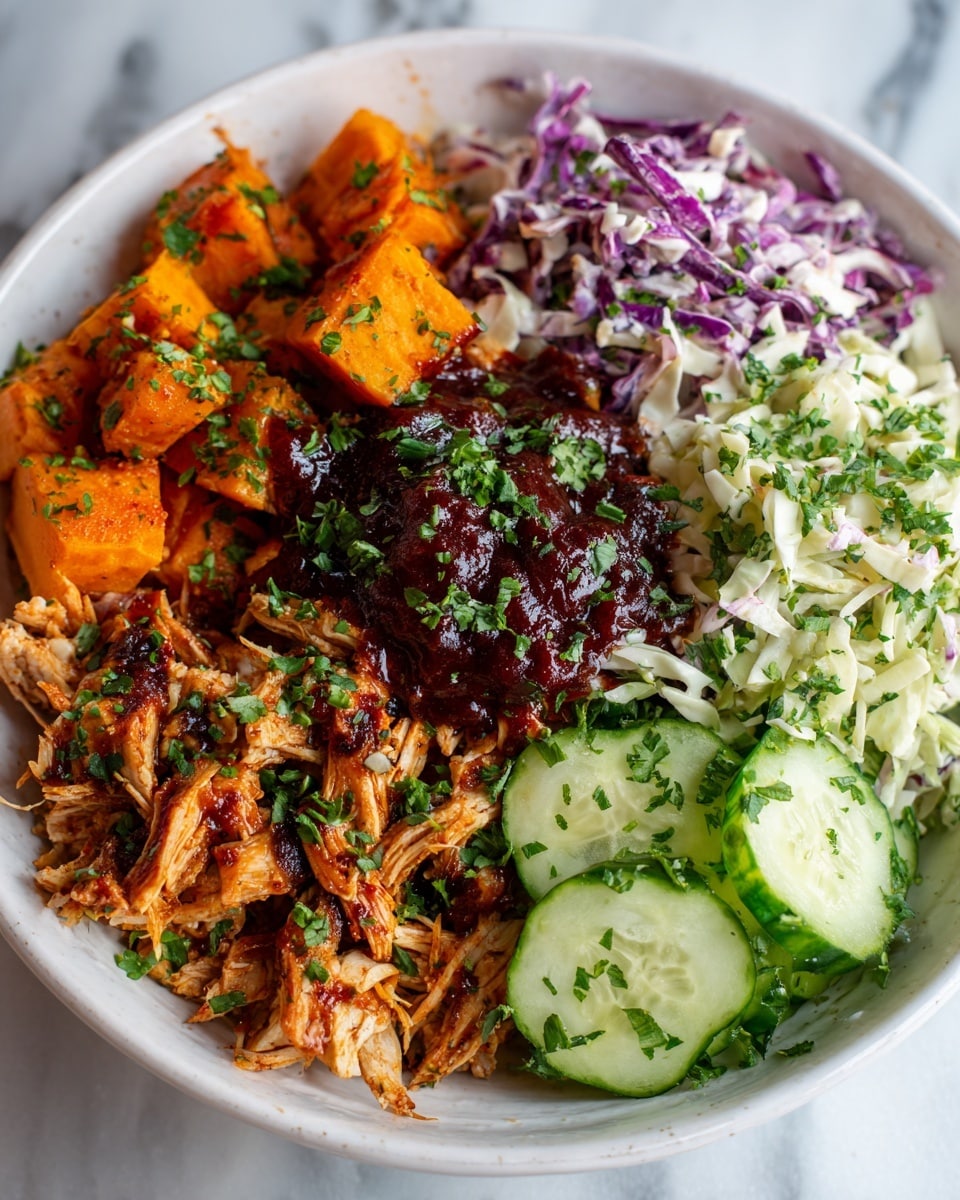 A white bowl holds four sections: at the bottom left, a layer of shredded grilled chicken with char marks is covered with dark red barbecue sauce and sprinkled with green herbs; at the top right, bright orange roasted sweet potato cubes show a slightly crispy texture with herb garnish; the bottom right has thin, round cucumber slices with light green centers and darker green edges, also sprinkled with herbs; the top left section contains creamy coleslaw with shredded white and purple cabbage mixed with a light dressing. The bowl rests on a white marbled surface photo taken with an iphone --ar 4:5 --v 7