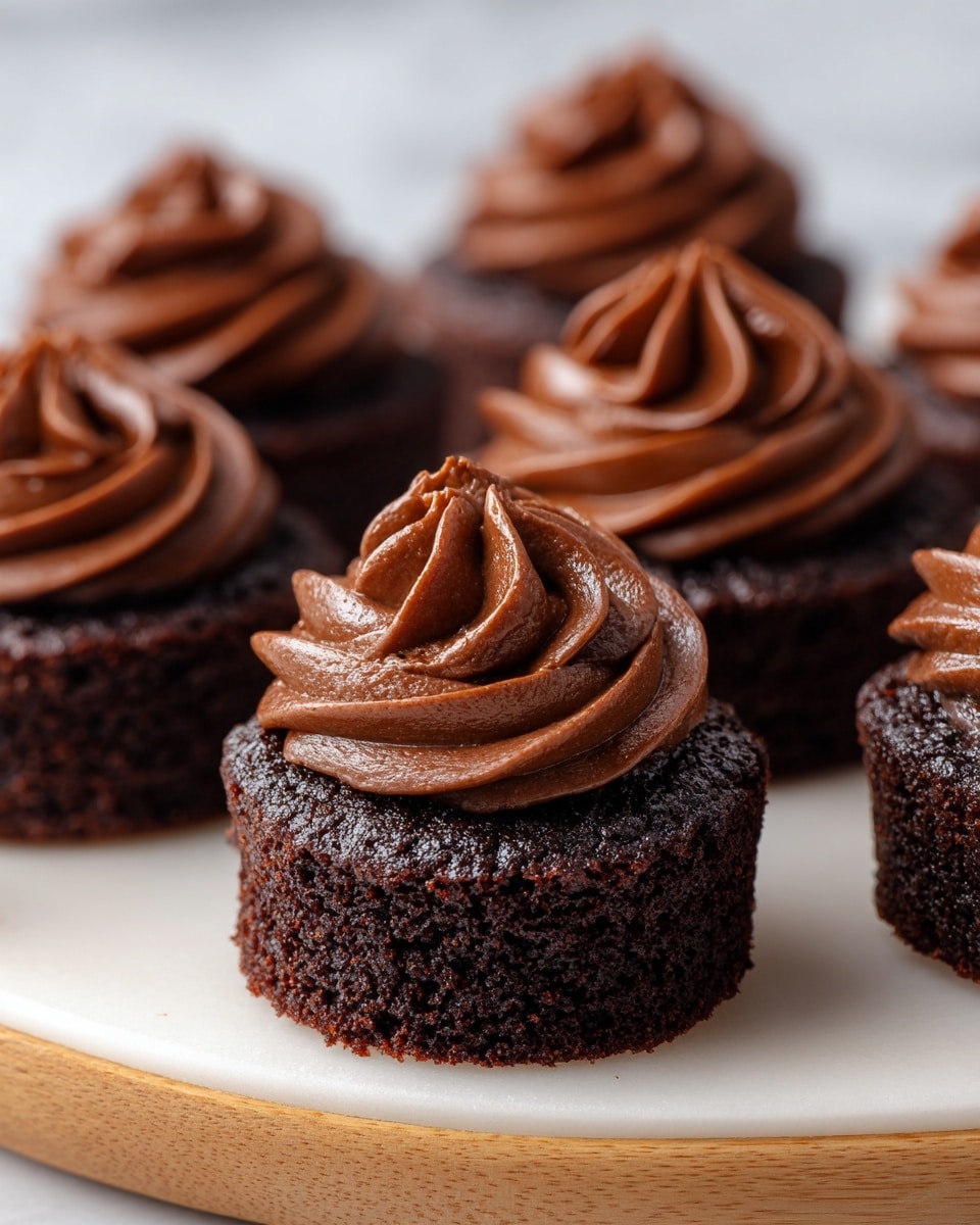 Small round chocolate cakes are arranged closely on a white plate with a light wooden edge, placed on a white marbled surface. Each cake has two layers: the bottom layer is thick, dense, and dark brown with a rough, crumbly texture, while the top layer is a swirled dollop of smooth, shiny chocolate frosting in a lighter brown shade. The frosting forms a peaked swirl on each cake, giving a rich, creamy look. The cakes are evenly spaced, creating a neat and inviting presentation. Photo taken with an iphone --ar 4:5 --v 7