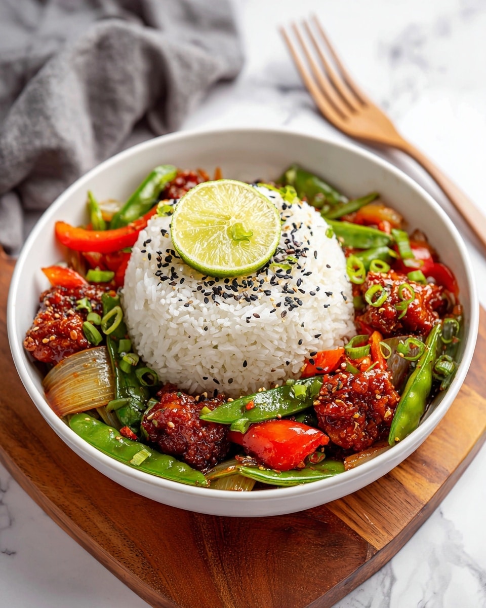 A white bowl holds a round mound of white rice topped with black and white sesame seeds, a sprinkle of red spice, and a small lime wedge in the center. Surrounding the rice is a colorful stir-fry with layers of orange-brown cooked chicken slices, bright green snap peas, red bell pepper strips, dark purple eggplant pieces, and light green sliced spring onions. The dish sits on a light wooden board on a white marbled surface. photo taken with an iphone --ar 4:5 --v 7