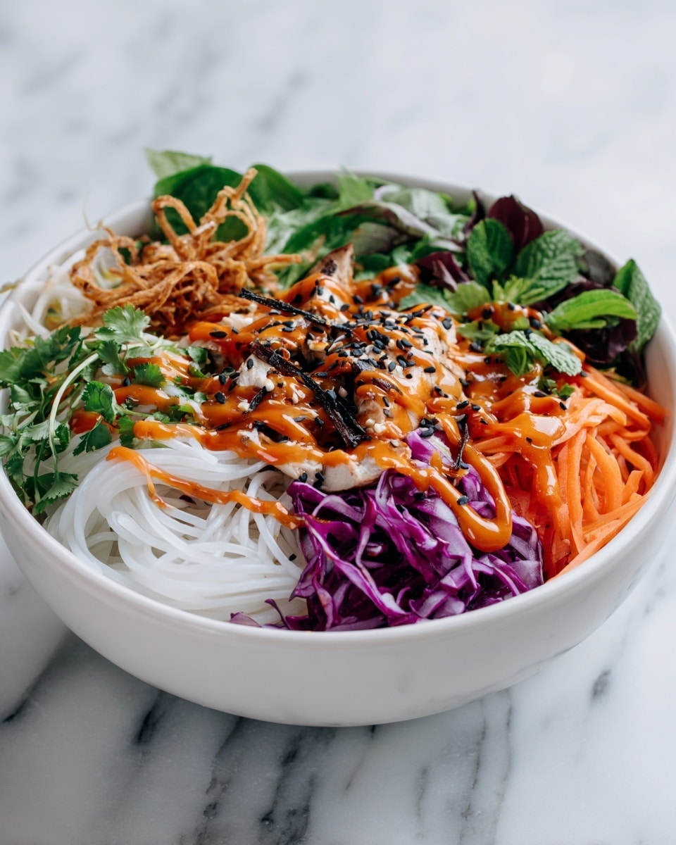 A white bowl filled with clear thin noodles at the bottom layer, topped with a mix of fresh bright green cilantro leaves and purple cabbage strands. There are thin orange carrot strips on one side and crisp white bean sprouts on the other. On top, several slices of white cooked chicken are placed, drizzled with a light brown sauce and sprinkled with black sesame seeds. Fried brown shallots add a crunchy texture scattered over the greens. The bowl is set on a white marbled surface. photo taken with an iphone --ar 4:5 --v 7