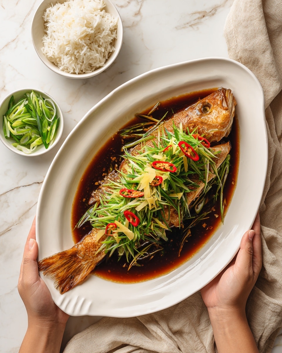 The dish shows a whole cooked fish laid out on a white fish-shaped plate, covered with a dark brown sauce pooling around the base. On top of the fish, there are thin layers of green onion strips, bright red chili strips, and yellow ginger strands arranged neatly in rows. The fish skin is silvery grey with grill marks visible beneath the garnish. A woman's hand is holding the plate, with another bowl of white rice and a small white bowl containing more green onions in the background, all set on a white marbled surface. photo taken with an iphone --ar 4:5 --v 7