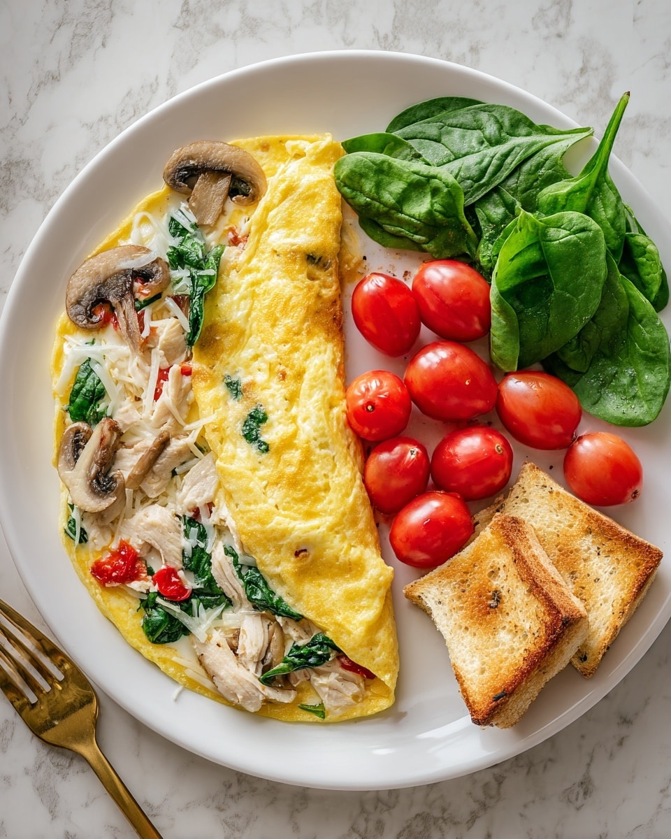The image shows a white plate with a three-layered omelette folded in half as the main item. The top layer is a smooth, bright yellow cooked egg. Inside, the layers show light brown cooked mushrooms, white shredded chicken, green spinach leaves, and white shredded cheese mixed with small red pieces, likely tomato. On the right side of the plate are two square pieces of toasted brown bread stacked on top of each other. Above the toast are several red cherry tomatoes, some cut in half. Below the toast is a small bunch of fresh whole spinach leaves. The plate is placed on a white marbled surface. A golden fork is placed partially visible at the bottom left corner. Photo taken with an iphone --ar 4:5 --v 7