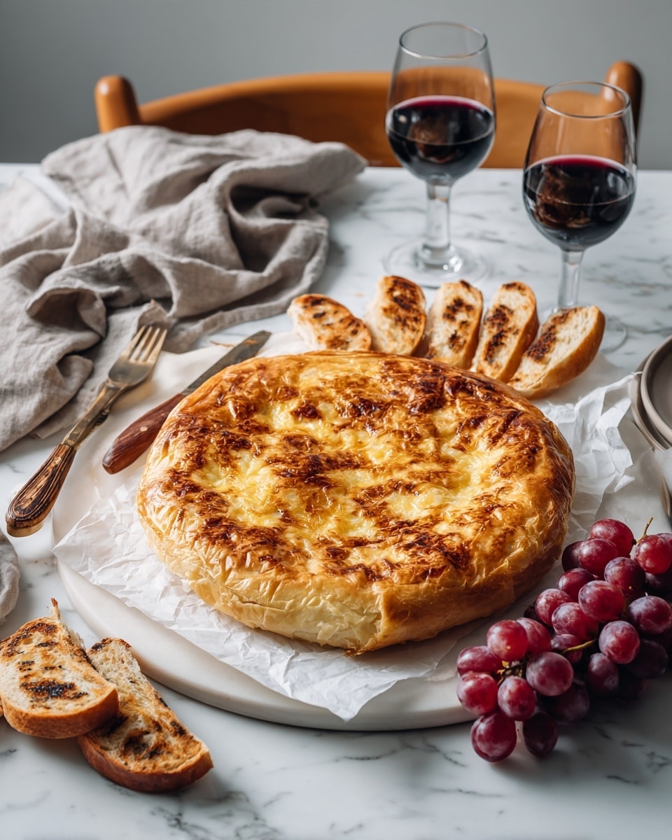 A golden brown baked pastry is in the center of a round dark plate, with a slightly shiny surface showing folds and crisscross patterns. Around it are toasted slices of light brown bread with clear grill marks, arranged in a half-circle. Clusters of dark red grapes sit next to the pastry on both sides, some spilling syrup that looks glossy and amber-colored. The plate sits on a white marbled surface, and behind it are two glasses filled with dark red wine, with a wooden chair and a piece of beige cloth in the soft-focused background. Photo taken with an iphone --ar 4:5 --v 7