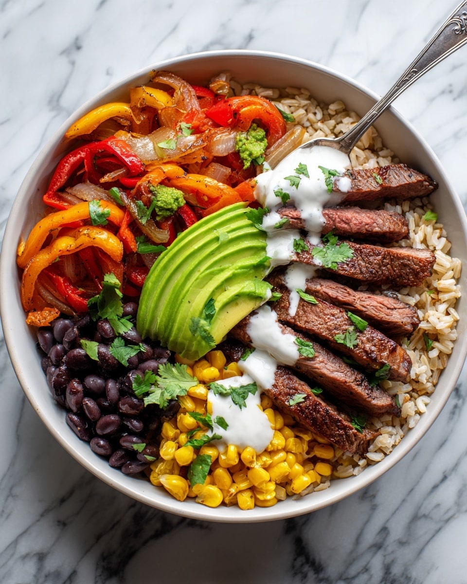 A white bowl on a white marbled surface holds a colorful layered dish with five main sections. The bottom layer is light brown rice, topped with bright yellow corn and dark purple-black beans on one side, with a drizzle of white sauce being spooned by a silver spoon. On the opposite side, red and yellow cooked bell pepper strips mix with soft, translucent cooked onions. Above the peppers and onions, there are bright green avocado slices fanned out, and on top sits several slices of medium-cooked steak with a brown crust and pinkish center, garnished with small green cilantro leaves. Photo taken with an iphone --ar 4:5 --v 7