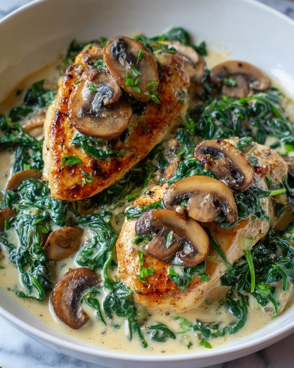 Two golden-brown cooked chicken pieces lie in a creamy light beige sauce with bright green spinach leaves mixed in. Each chicken piece is topped with shiny, sliced brown mushrooms that add texture and depth. The creamy sauce surrounds the chicken and greens, creating a rich and smooth background. The whole dish is set against a white marbled texture surface. photo taken with an iphone --ar 4:5 --v 7