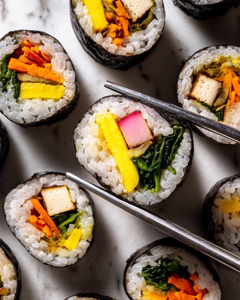 The image shows many pieces of sushi rolls arranged closely on a white marbled surface with a pair of silver chopsticks holding one piece. Each sushi roll has four main layers: the outer thin black seaweed sheet, a thick layer of white rice inside, and in the center, there are colorful fillings including yellow pickled radish, orange carrots, green spinach, brown mushroom, pink ham, and light brown tofu strips. The rolls are uniform in size and well-packed, showing a neat and fresh appearance. Photo taken with an iphone --ar 4:5 --v 7