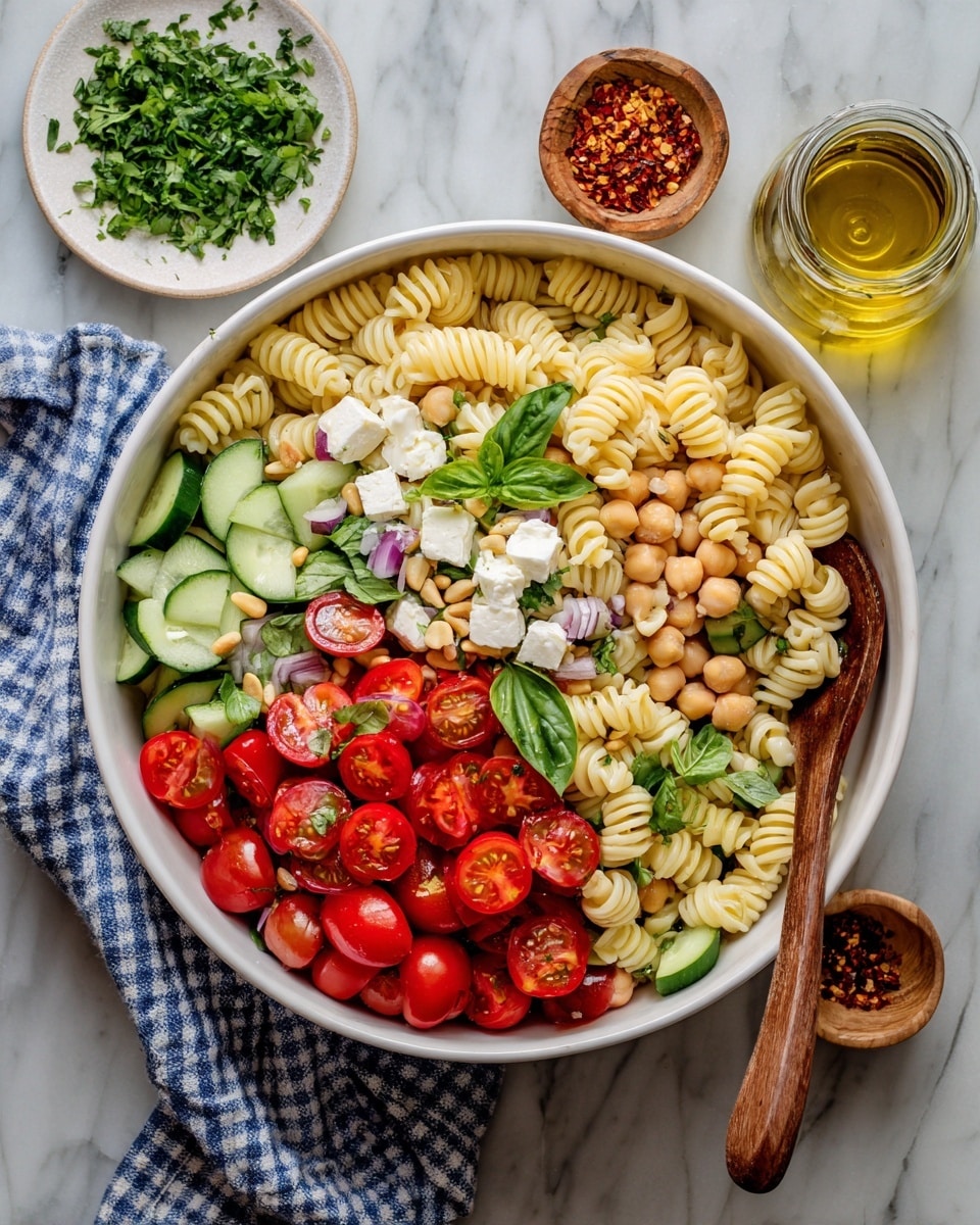 The image shows nine separate white bowls and one glass bowl, all placed on a white marbled surface. From the top left, a glass bowl of yellow dressing with a whisk, beside a white bowl filled with light orange spiral pasta. Below, a white bowl filled with green cucumber slices is next to a white bowl with beige chickpeas. At the center, a white scalloped bowl contains bright red cherry tomatoes cut in halves. Below the tomatoes, a white scalloped bowl has green arugula leaves. To the left of the arugula, a white bowl holds crumbly white cheese. Above the cheese, a white bowl contains chopped fresh green herbs, and the largest dome-shaped bowl near the center features dark green basil leaves. A small white scalloped bowl at the bottom right holds a small amount of pale brown pine nuts. Photo taken with an iphone --ar 4:5 --v 7