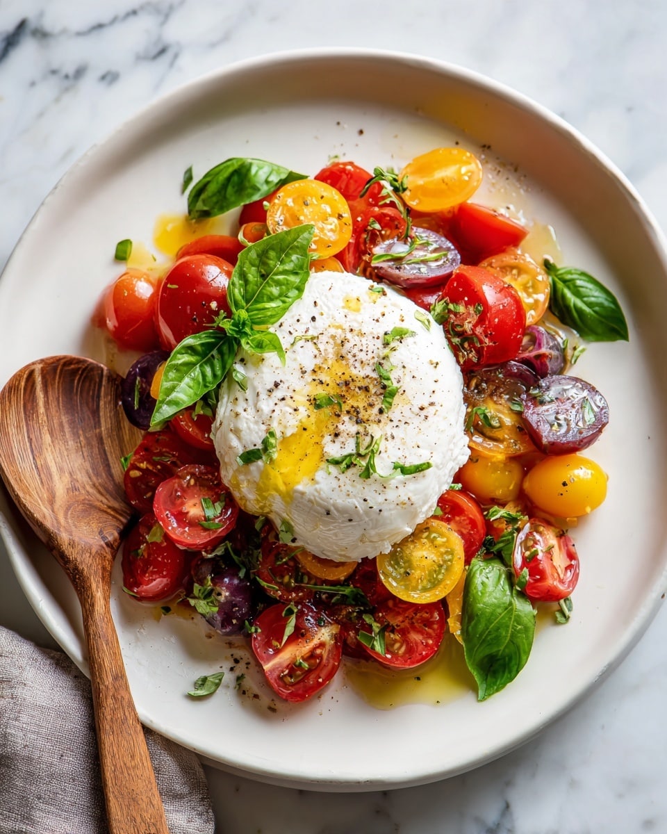 A white plate with black dots holds a salad made of cut cherry tomatoes in red, orange, yellow, and purple colors spread around; on top sits a whole round ball of white mozzarella cheese, drizzled with olive oil and sprinkled with black pepper. Fresh green basil leaves are scattered around the tomatoes and cheese, adding bright green accents. The plate is placed on a white marbled surface, and part of a wooden spoon is visible at the bottom left corner. photo taken with an iphone --ar 4:5 --v 7