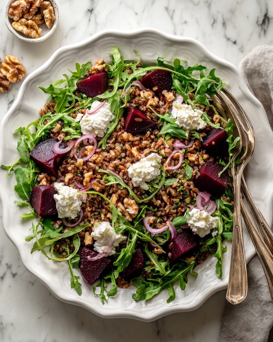 The dish is presented in a white, scalloped-edge ceramic dish. The bottom layer is a mix of brown rice with a slightly rough texture, spread evenly across the base. On top of the rice, a fresh, bright green bed of arugula leaves is layered, creating a soft, leafy texture. Scattered on the arugula are large, deep purple-red beet wedges, smooth and slightly shiny. Thin rings of light purple-red onion are spread over everything, adding a delicate texture. Small, irregular dollops of soft white goat cheese are placed evenly across the salad, with light brown chopped walnuts sprinkled throughout. The dish sits on a white marbled surface. photo taken with an iphone --ar 4:5 --v 7
