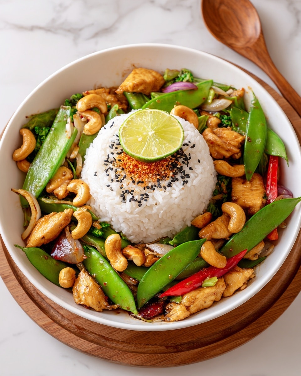 A white bowl holds a dish with two main layers. The bottom layer is a colorful stir-fry of orange-brown cooked chicken pieces, bright green snap peas, sliced white onion rings, and red and purple bell pepper strips, all mixed together with a shiny sauce. On top, in the center, is a mound of white steamed rice sprinkled with black and white sesame seeds and a dusting of reddish spice. A small lime wedge is placed on top of the rice, adding a fresh green contrast. The bowl sits on a wooden board with a white marbled surface background. Photo taken with an iphone --ar 4:5 --v 7