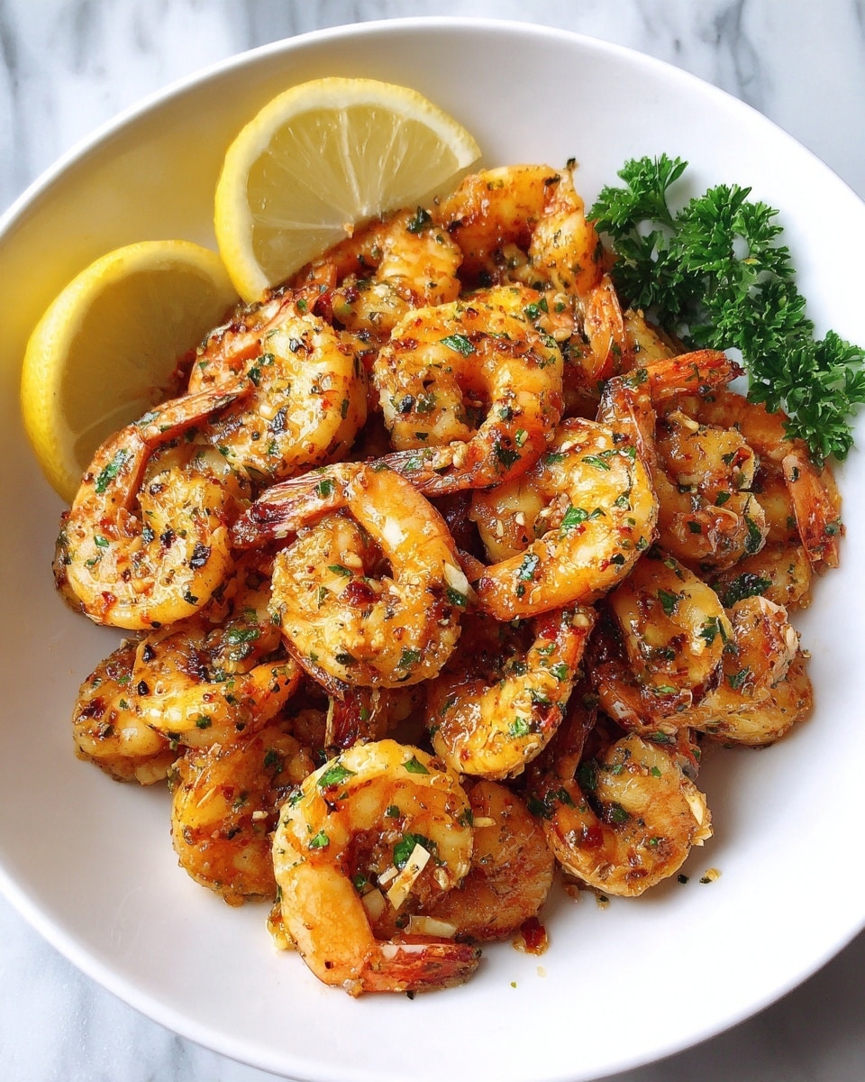 A white plate filled with a single layer of cooked shrimp, each shrimp is orange and pink with visible grill marks, mixed with small bits of green herbs and garlic. The shrimp are arranged in a slightly overlapping pile, garnished with two lemon wedges on the left and a small bunch of fresh green parsley on the right. The plate sits on a white marbled surface with a light texture. Photo taken with an iphone --ar 4:5 --v 7