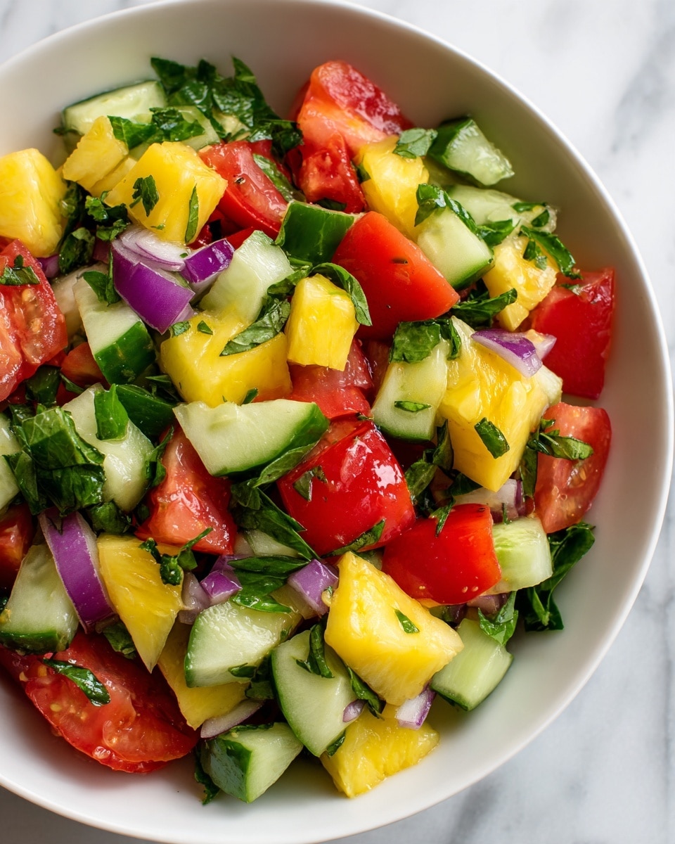 The image shows a close-up of a fresh salad with many small, chopped pieces layered closely. The salad includes light green cucumber pieces with a smooth texture, red tomato cubes, yellow pineapple chunks that look soft and juicy, and small pieces of purple-red onion. Some green herbs are sprinkled through the salad, adding small flecks of color. All the pieces are mixed together and sit on a white marbled surface, though the surface is barely visible due to the salad's fullness. The lighting highlights the colors well and gives the salad a fresh look. photo taken with an iphone --ar 4:5 --v 7