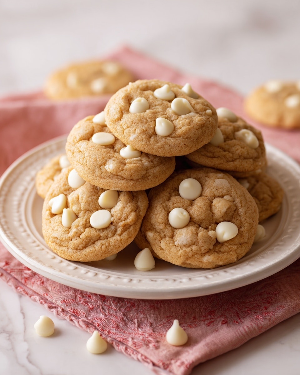 A pile of small, soft-looking round cookies with a light golden color stacked on a white plate with a light blue edge design, each cookie showing white chocolate chips on top and embedded inside. The cookies have a slightly rough texture and are arranged casually, with some white chocolate chips scattered around the plate on a white marbled surface. A pink and white cloth is partly visible under the plate, adding a soft pop of color. Photo taken with an iphone --ar 4:5 --v 7