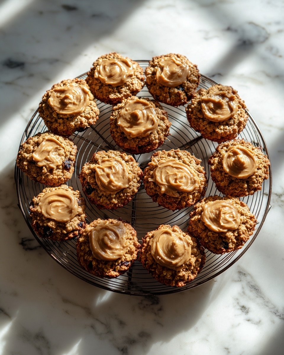 The image shows a round wire rack holding fifteen small muffins arranged closely together. Each muffin has two visible layers: the bottom layer is a rough-textured, brownish base with oats and darker spots, and the top layer is a smooth, shiny, light brown spread that covers the muffin tops unevenly. The wire rack is set on a white marbled surface that shines softly under natural light. The shadows of the rack and muffins create a crisscross pattern on the surface. photo taken with an iphone --ar 4:5 --v 7