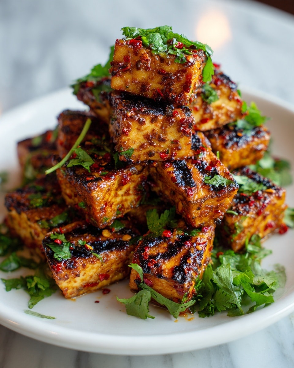 The dish shows many pieces of golden brown grilled cheese cubes stacked in the middle of a white plate. The cheese has a shiny surface with red and green spices spread over it, giving it a spicy look. Bright green cilantro leaves are placed both under and over the cheese cubes, adding fresh contrast. The plate sits on a white marbled surface with soft natural light shining on the food, making the colors pop. photo taken with an iphone --ar 4:5 --v 7