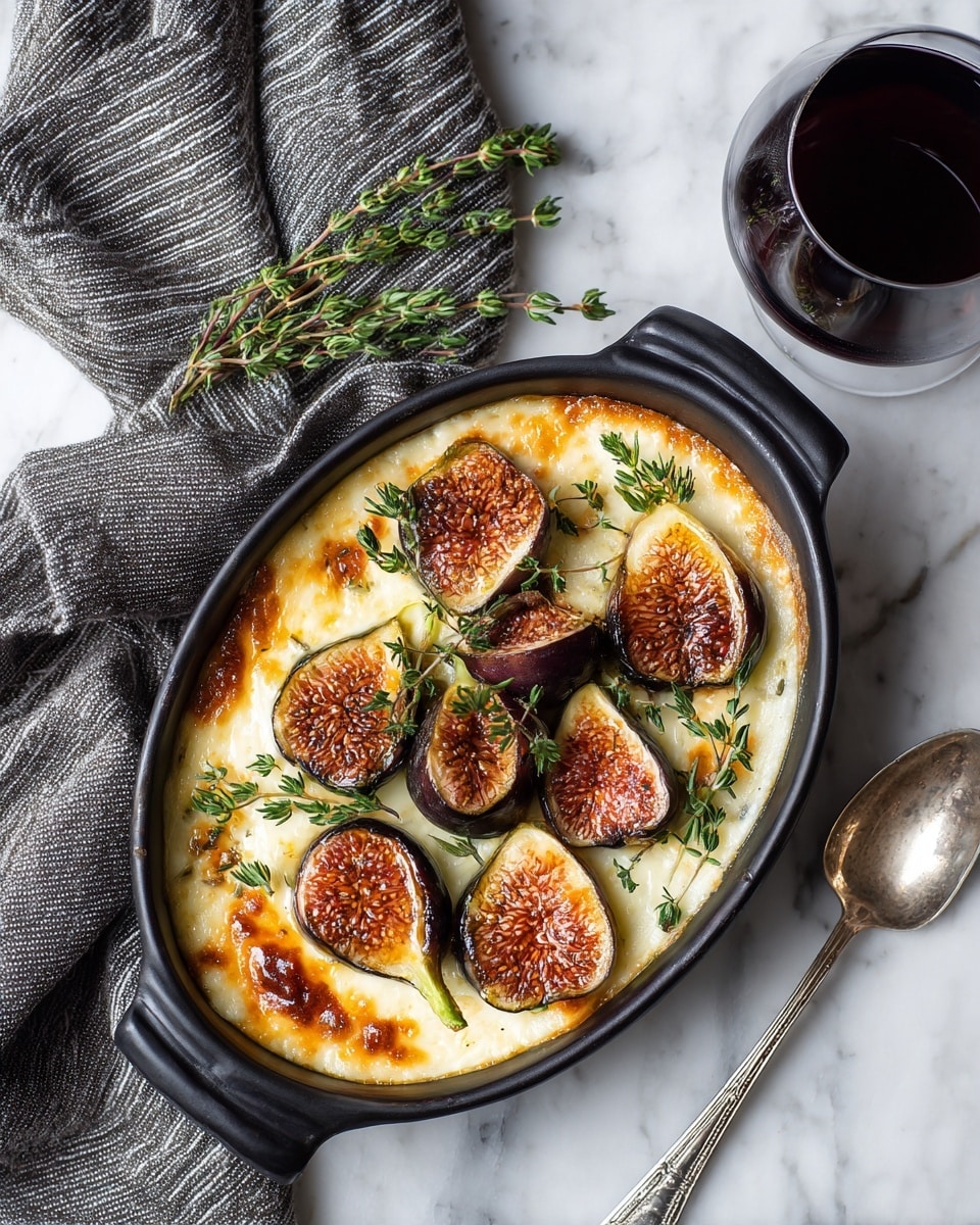 The image shows a black oval dish filled with two main layers: the bottom layer is a soft, melted round cheese with a creamy white color and glossy texture, partially broken to reveal its smooth inside; the top layer consists of roasted figs with a yellowish-brown skin, each sliced open to reveal a deep pink, textured inside. The dish is placed on a white marbled surface. To the right, there is a glass of red wine with a dark ruby color, and below the dish, a silver spoon rests on the surface. On the left side, next to the dish, is a soft, light blue and white striped cloth casually folded. photo taken with an iphone --ar 4:5 --v 7