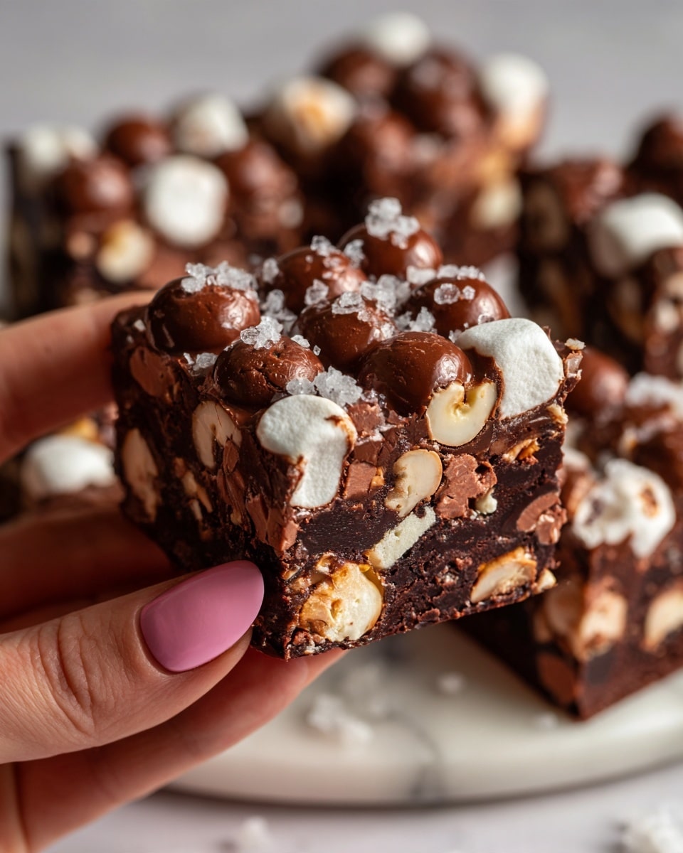 A close-up of a rectangular chocolate bark piece held by a woman's hand with pale pink and white marbled nail polish. The bark has two main layers: a dark brown chocolate base mixed with whole white marshmallows and light brown nuts inside, and a top dark chocolate layer scattered with larger chunks of toasted marshmallow showing white and golden brown textures. In the background, more pieces of the same chocolate bark are visible, all placed on a white marbled surface. Photo taken with an iphone --ar 4:5 --v 7