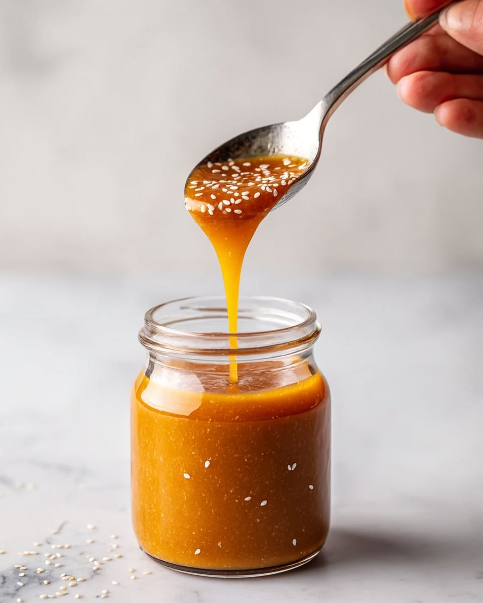A clear glass jar filled almost halfway with thick, golden brown sauce that has visible small sesame seeds floating throughout, with a silver spoon lifted above the jar dripping the sauce back inside, showing the sauce’s smooth and slightly sticky texture. The jar lid rests open on a white marbled surface in the background. Photo taken with an iphone --ar 4:5 --v 7