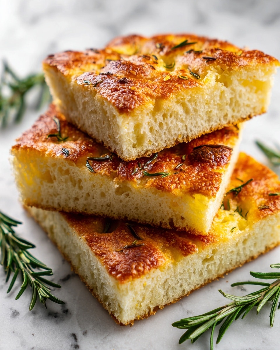The image shows four thick slices of golden baked bread with a crispy top layer sprinkled with fresh green rosemary leaves. The bread has a soft, airy inner texture with a slightly browned crust on the sides. It is placed on a white marble board, and fresh sprigs of rosemary are arranged around the bread, adding a natural green contrast to the warm yellow and golden brown tones of the bread. Photo taken with an iphone --ar 4:5 --v 7