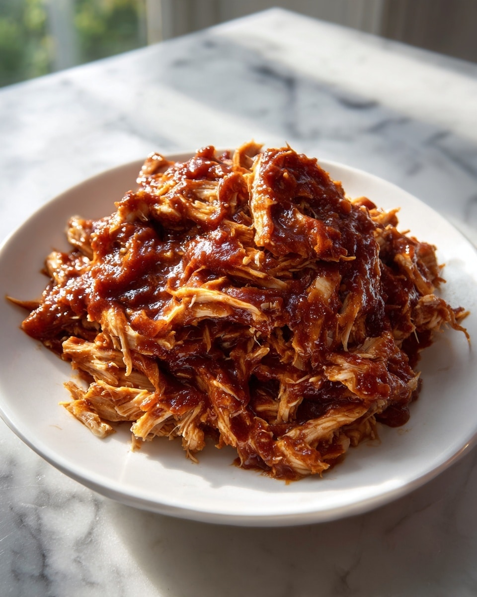 A white plate holds a large pile of shredded meat covered with thick dark brown and reddish sauce, spread unevenly over the meat strands. The meat has a soft texture with some pieces showing light brown skin showing through the sauce. The plate is placed on a white marbled surface with soft natural light coming from the right side, creating a warm and cozy atmosphere. photo taken with an iphone --ar 4:5 --v 7