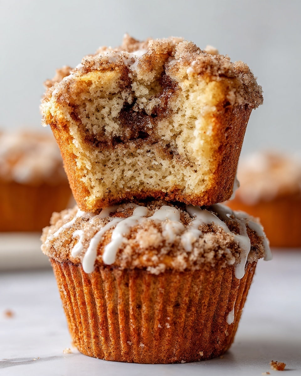 A close-up of a stack of muffins with one muffin on top that has a large bite taken out of it, showing three layers: a crumbly light brown crumb topping with a slightly darker texture, a soft light brown muffin middle, and a darker brown cinnamon swirl near the bottom. The muffin on the top is drizzled with white icing. The muffins are resting on a white marbled surface, and the focus is sharp on the bitten muffin, with blurred muffins in the background. Photo taken with an iphone --ar 4:5 --v 7